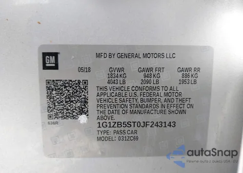 2018 Chevrolet Malibu 1Ls из США, поврежденный, VIN 1G1ZB5ST0JF243143